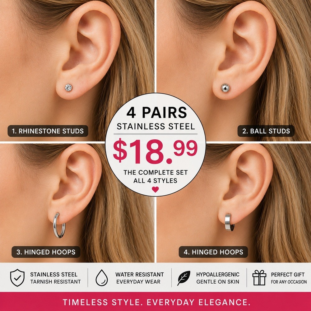 4 Pairs Stainless Steel Earrings Rhinestone Ball Studs Hinged Huggie Hoops New